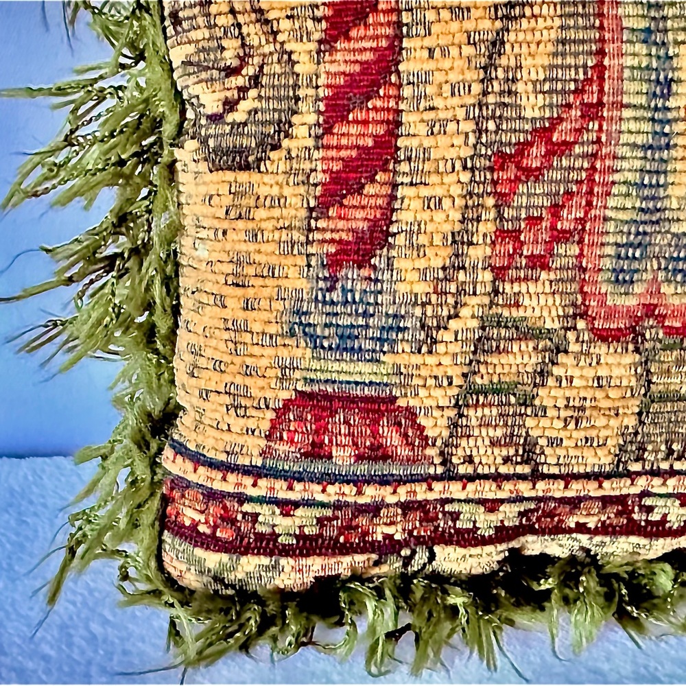 Vintage Decorative Elephant Tapestry Pillow Green Burgundy Square 11.5” Fringe - Picture 2 of 12